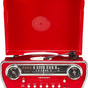 Crosley CR6047A-RE Powel - Reproductor de discos de vinilo Bluetooth 7 en 1 con radio AM/FM, reproductor de CD y entrada auxiliar, rojo