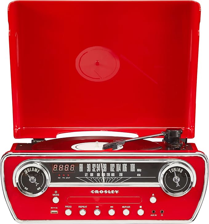 Crosley CR6047A-RE Powel - Reproductor de discos de vinilo Bluetooth 7 en 1 con radio AM/FM, reproductor de CD y entrada auxiliar, rojo