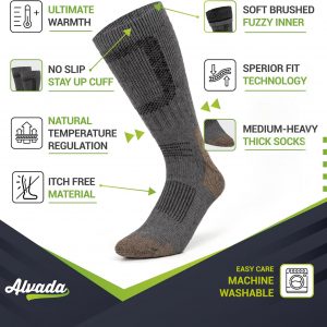 Alvada Merino Wool Hiking Socks Thermal Warm Crew Winter Boot Sock For Men & Women 3 Pairs