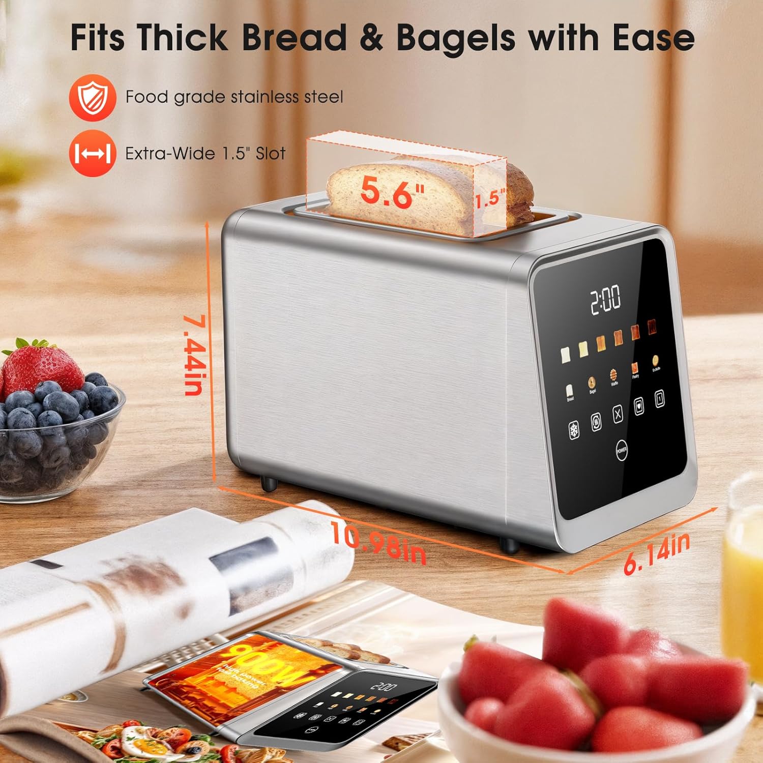 Tostadora de 2 rebanadas con pantalla táctil digital inteligente y memoria de 1 toque, ranuras extra anchas de acero inoxidable de 1.5 pulgadas para bagels y pan artesanal | 900 W para un tostado