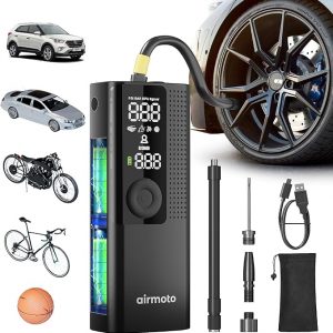 Airmoto Tire Inflator Portable Air Compressor - Air Pump For Car Tires with Digital Pressure Gauge, LED Light and Auto Shut-Off Function - Cordless Pump for Car, Motorcycle, Bicycle, Ball