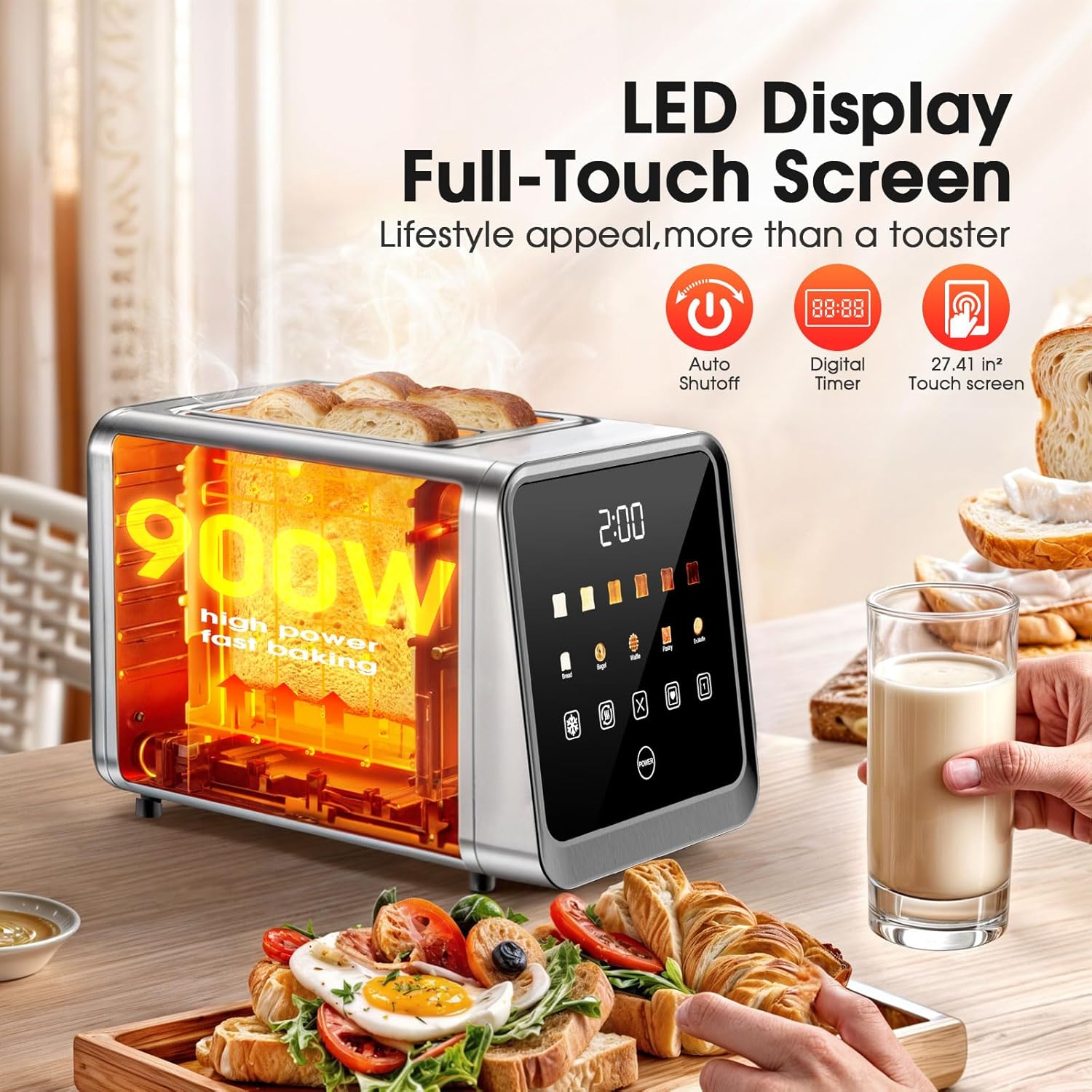 Tostadora de 2 rebanadas con pantalla táctil digital inteligente y memoria de 1 toque, ranuras extra anchas de acero inoxidable de 1.5 pulgadas para bagels y pan artesanal | 900 W para un tostado