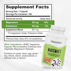 NaturalSlim MagicMag C Cápsulas de citrato de magnesio – Suplemento de magnesio con potasio natural | Apoyo para el sueño, la salud cardíaca y el alivio de los calambres musculares, sin gluten, 100 cápsulas (paquete de 3)
