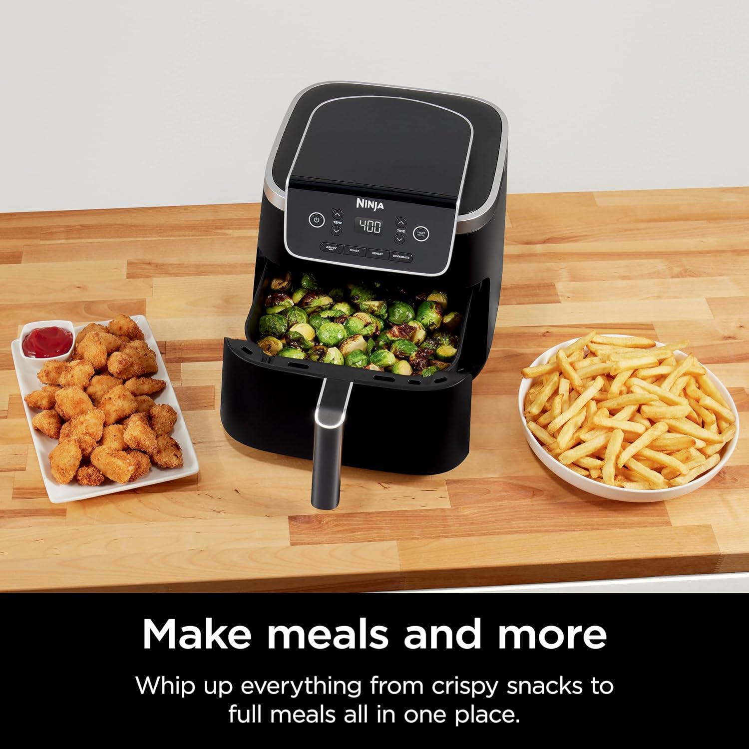 Ninja Freidora de aire | Freidora de aire profesional 4 en 1, asar, recalentar, deshidratar | Capacidad de 5 cuartos de galón para hasta 4 libras de papas fritas | Temperatura máxima de 400 F | Cesta antiadherente y plato para verduras | 120 V | Gris | AF141