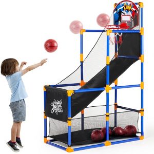 JOYIN Juego de baloncesto arcade con 4 bolas y aro para niños de 3 a 12 años de edad, juego deportivo en interiores y exteriores, fácil de instalar, bomba de aire incluida, ideal para competición