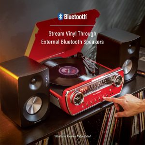 Crosley CR6047A-RE Powel - Reproductor de discos de vinilo Bluetooth 7 en 1 con radio AM/FM, reproductor de CD y entrada auxiliar, rojo