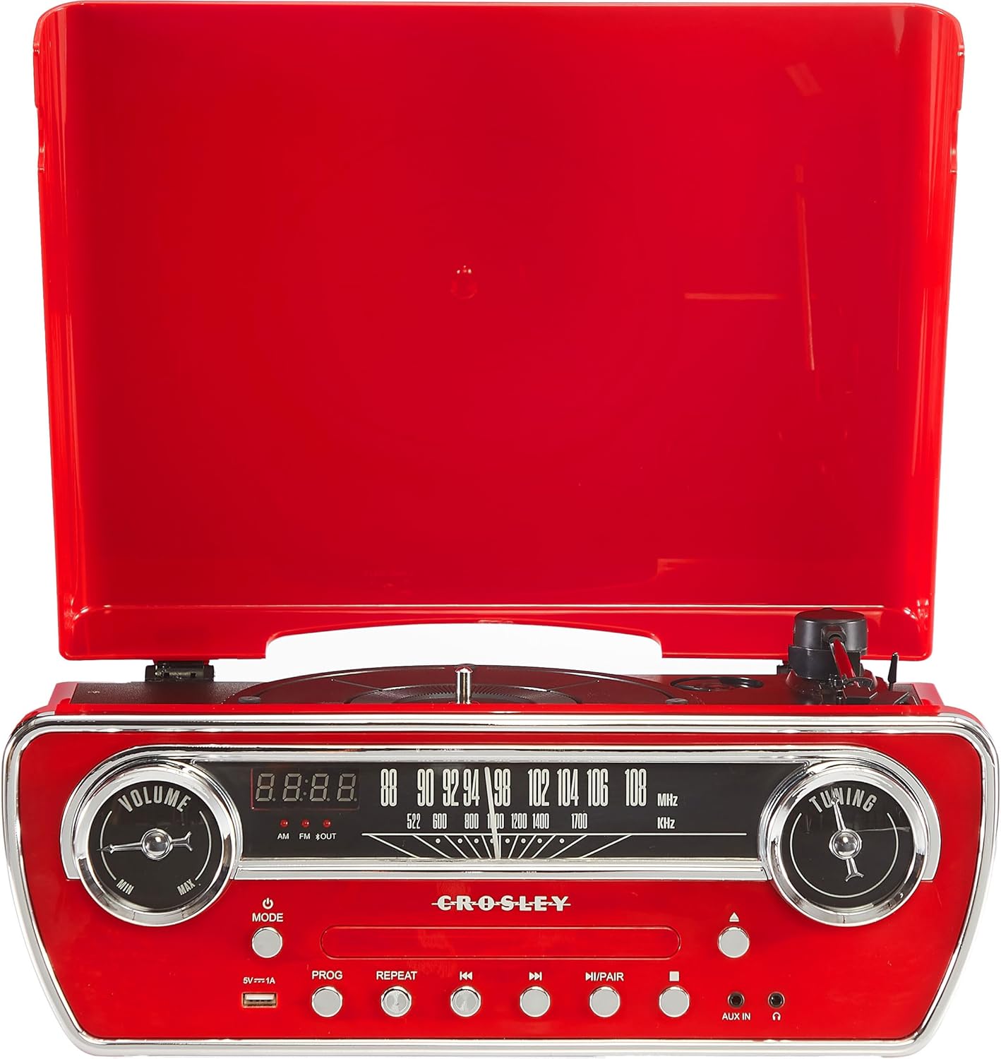 Crosley CR6047A-RE Powel - Reproductor de discos de vinilo Bluetooth 7 en 1 con radio AM/FM, reproductor de CD y entrada auxiliar, rojo
