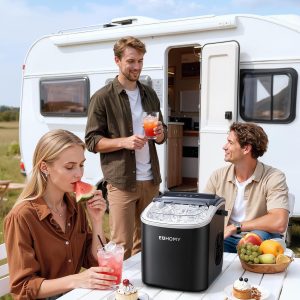 EUHOMY - Máquina de hacer hielo encimera con asa, portátil con cesta y cuchara, autolimpiante, produce 26 lb en 24 h, 9 cubos de hielo listos en 6 min, para el hogar, cocina, camping y casa rodante