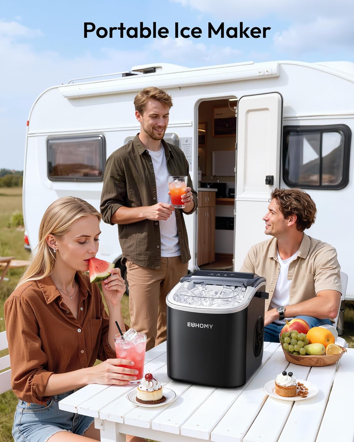 EUHOMY - Máquina de hacer hielo encimera con asa, portátil con cesta y cuchara, autolimpiante, produce 26 lb en 24 h, 9 cubos de hielo listos en 6 min, para el hogar, cocina, camping y casa rodante