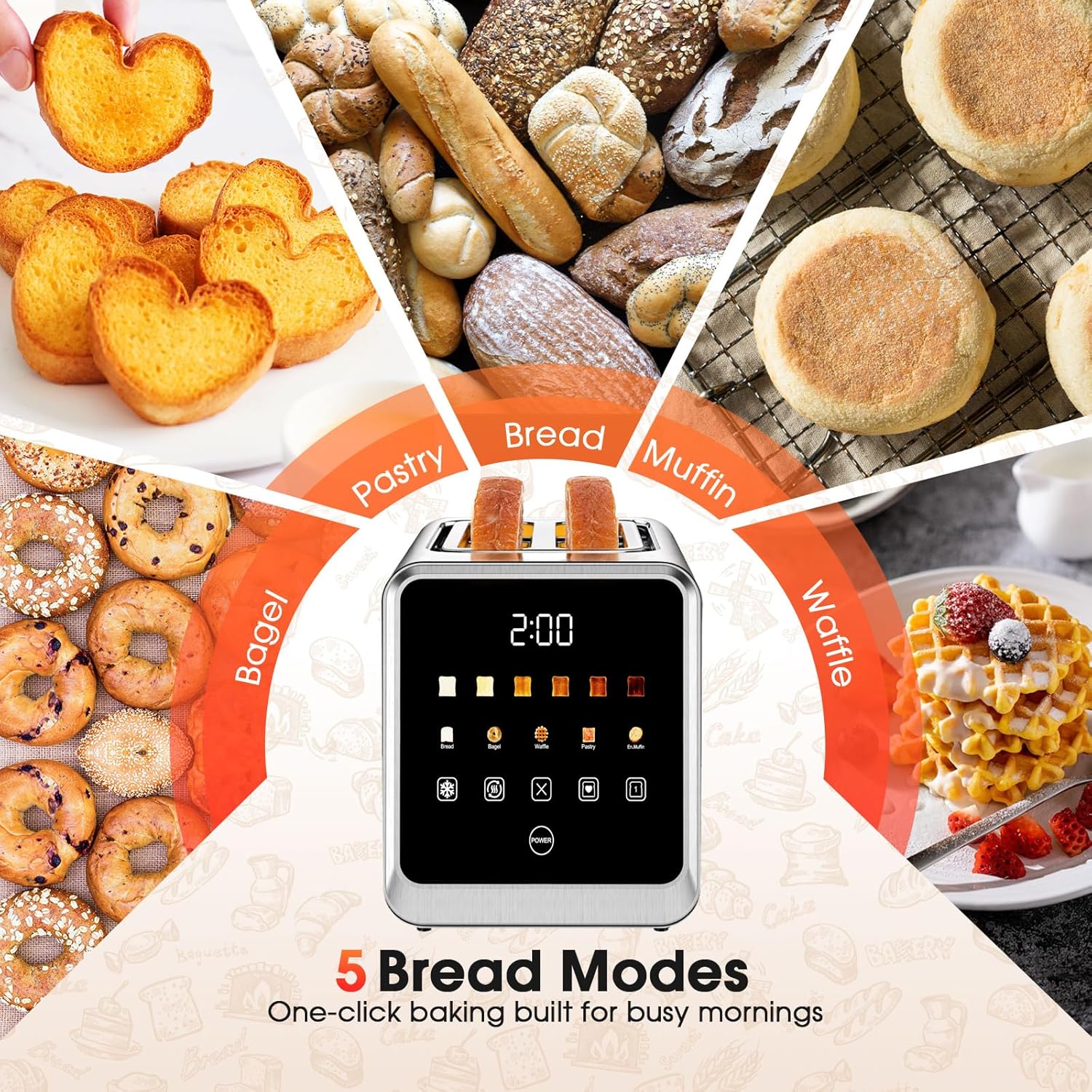 Tostadora de 2 rebanadas con pantalla táctil digital inteligente y memoria de 1 toque, ranuras extra anchas de acero inoxidable de 1.5 pulgadas para bagels y pan artesanal | 900 W para un tostado