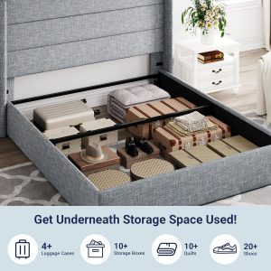 Allewie Queen Size Lift Up Storage Bed, Modern Wingback Headboard, Hydraulic Support, No Box Spring Needed, Grey Blue