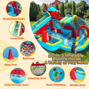 Casa inflable de rebote con tobogán, castillo de rebote grande 10 en 1 con soplador, salto, baloncesto, lanzamiento, juego de pelota, pared de escalada, castillo animoso para patio trasero familiar