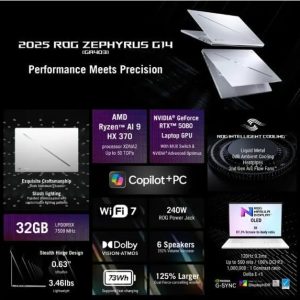 ASUS ROG Zephyrus G14 último (2026) 14" 3K OLED 120Hz Gaming Laptop Copilot+ PC AMD Ryzen AI 9 HX 370 NVIDIA RTX 5080 32GB RAM 2TB SSD Platinum Blanco
