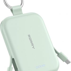 RORRY Cargador portátil, batería de poder portátil de 5000mAh con cables incorporados, paquete de batería de llavero de viaje para iPhone 17/16/15/14/13/12, para AirPods 2/3/4/Pro, Verde