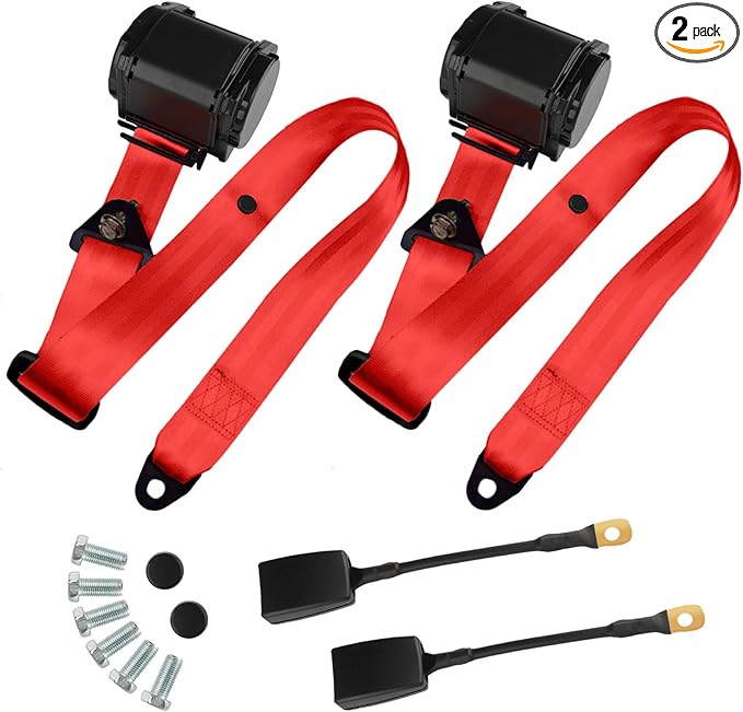 2 unidades de cinturón de seguridad universal de 3 puntos ajustables y retráctiles para Go Kart, club de carritos de golf, SUV, autos tipo minivan, UTV (Rojo)