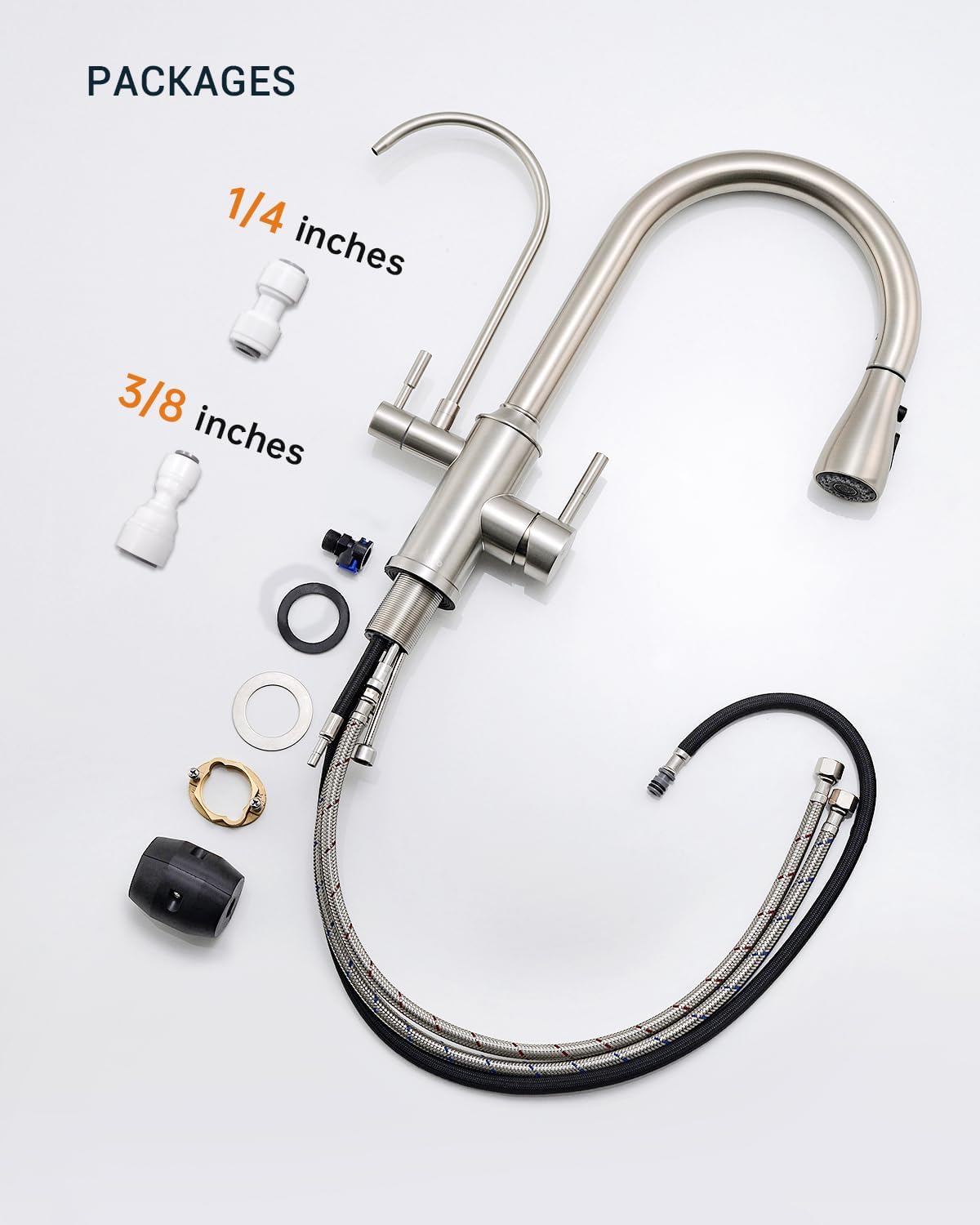 APPASO Kitchen Faucet with Water Filter, Pull Out 3 Way Sink Faucets with Sprayer, High Arch 2 Handle Faucet - 2 in 1 Faucets Brushed Nickel, Without Water Filtration Device