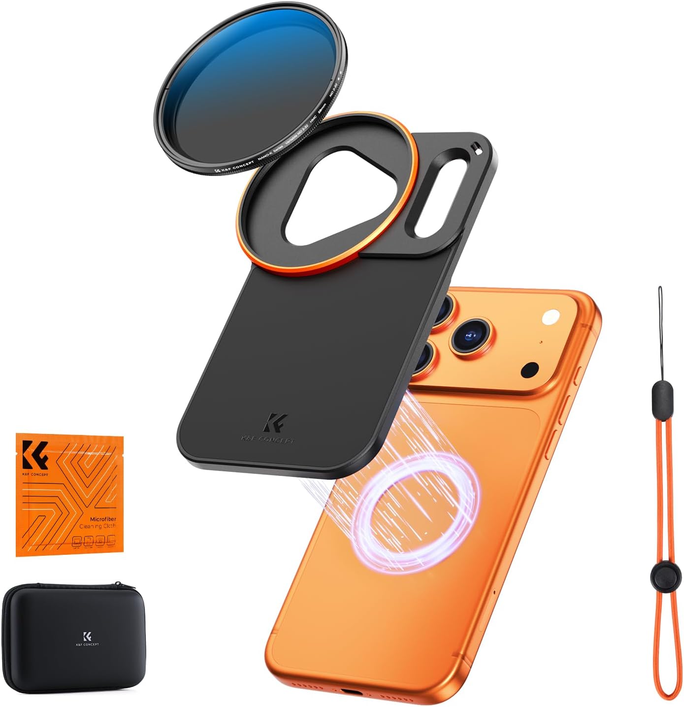 K&F CONCEPT Double-Sided Magnetic Lens Filter Mount Adapter with 58mm Variable ND2-32 Filter, Compatible with iPhone 17 Pro and 58mm Threaded Filters, VND Filter Compatible with iPhone Camera Lens