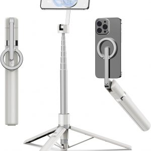 TONEOF 68" Magnetic Selfie Stick Tripod with Aluminum Strong Magnetic Holder for Magsafe, 360° Rotatable Travel Phone Tripod Stand with Metal Ring & Rechargeable Remote for iPhone/Android(Beige Gray)