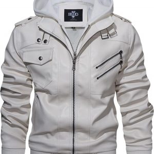 HOOD CREW Men’s Casual Stand Collar PU Faux Leather Zip-Up Motorcycle Bomber Jacket With a Removable Hood
