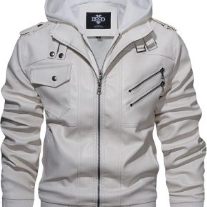 HOOD CREW Men’s Casual Stand Collar PU Faux Leather Zip-Up Motorcycle Bomber Jacket With a Removable Hood