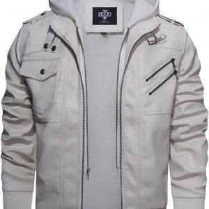 HOOD CREW Men’s Casual Stand Collar PU Faux Leather Zip-Up Motorcycle Bomber Jacket With a Removable Hood