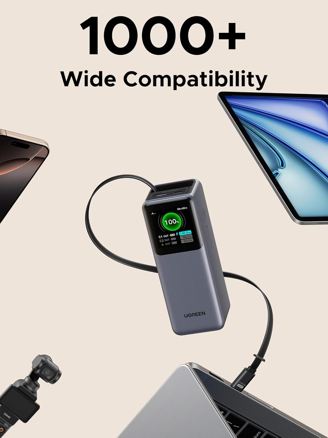 UGREEN Nexode Power Bank 20000mAh 165W with Built-in USB C Cable Laptop Travel Portable Charger, 100W Input, Fast Charging for MacBook Pro/Air/iPhone 17/16/iPad Pro/Galaxy S25 Ultra/Dell/HP and More