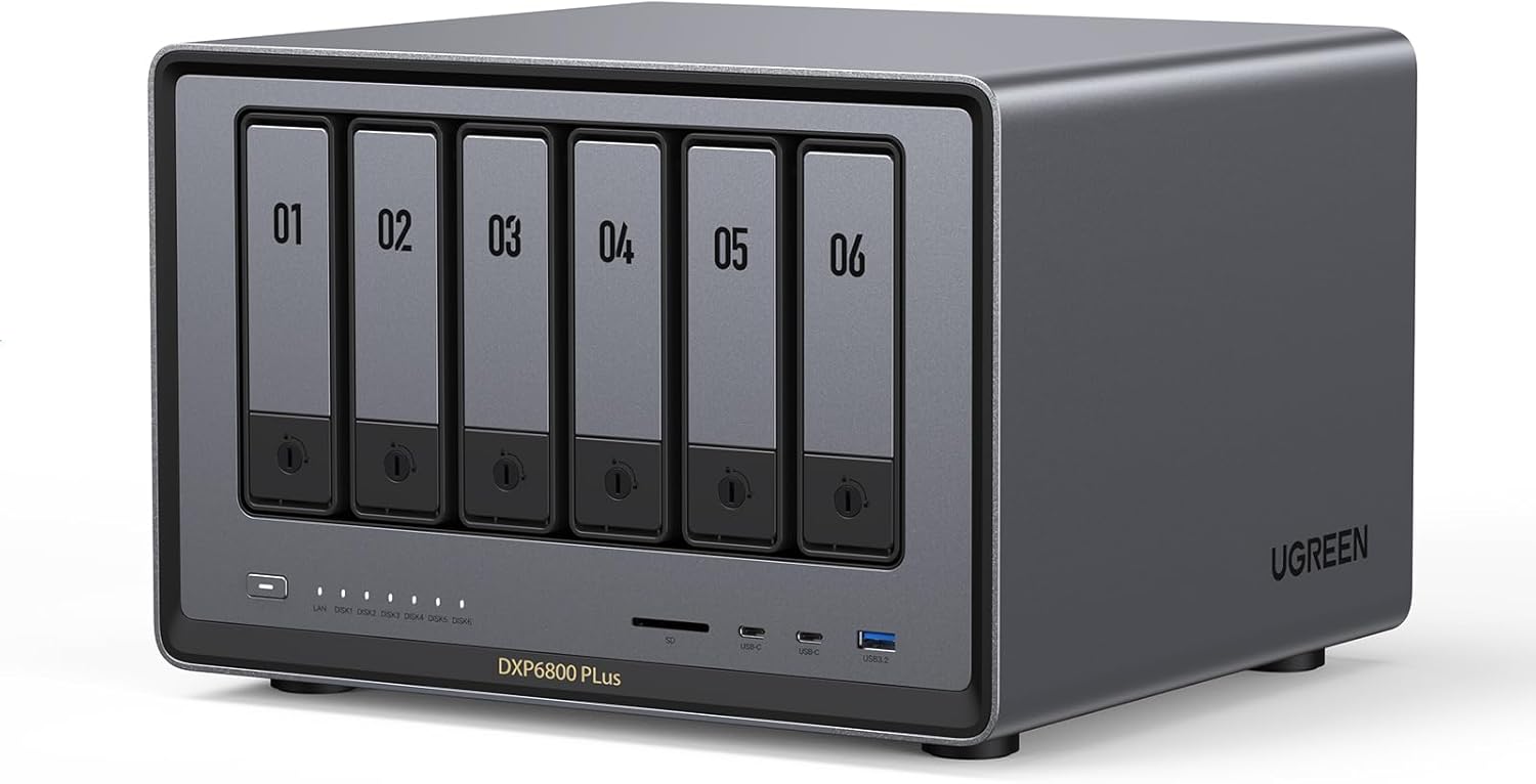 UGREEN NAS DXP6800 Plus 6-Bay Desktop NAS, Intel i3 1215u 6-Core CPU, 8GB DDR5 RAM, 128G SSD, 1x 10GbE and 1x 2.5GbE LAN Port, 2X M.2 NVMe Slots, 4K HDMI, Network Attached Storage (Diskless)