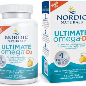 Nordic Naturals Ultimate Omega-D3, sabor a limón, 90 geles blandos, 1280 mg de omega-3 + 1000 UI de vitamina D3, aceite de pescado omega-3, EPA y DHA, promueve la salud del cerebro, el corazón, las articulaciones y el sistema inmunológico, 45 porciones