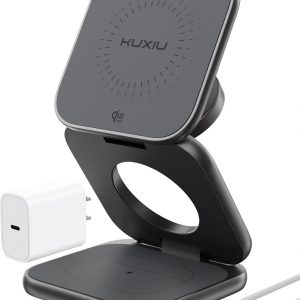 KU XIU Qi2.2 25W Magnetic Wireless Charger, Foldable 3 in 1 Travel Charging Station for iPhone 17/16/15/14/13/12, 5W for Apple Watch & AirPods, Aluminum Alloy Design, 45W GaN Adapter Included, Gray
