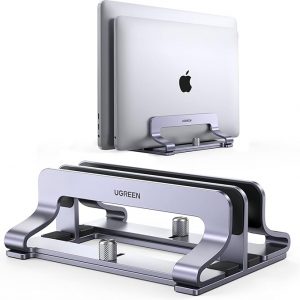 UGREEN - Soporte vertical para laptop de 2 ranuras para escritorio, compatible con MacBook Pro Air, Lenovo Ideapad, Surface Book, HP Notebook, Dell Chromebook de hasta 17,3 pulgadas, gris espacial