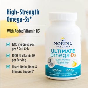 Nordic Naturals Ultimate Omega-D3, sabor a limón, 90 geles blandos, 1280 mg de omega-3 + 1000 UI de vitamina D3, aceite de pescado omega-3, EPA y DHA, promueve la salud del cerebro, el corazón, las articulaciones y el sistema inmunológico, 45 porciones