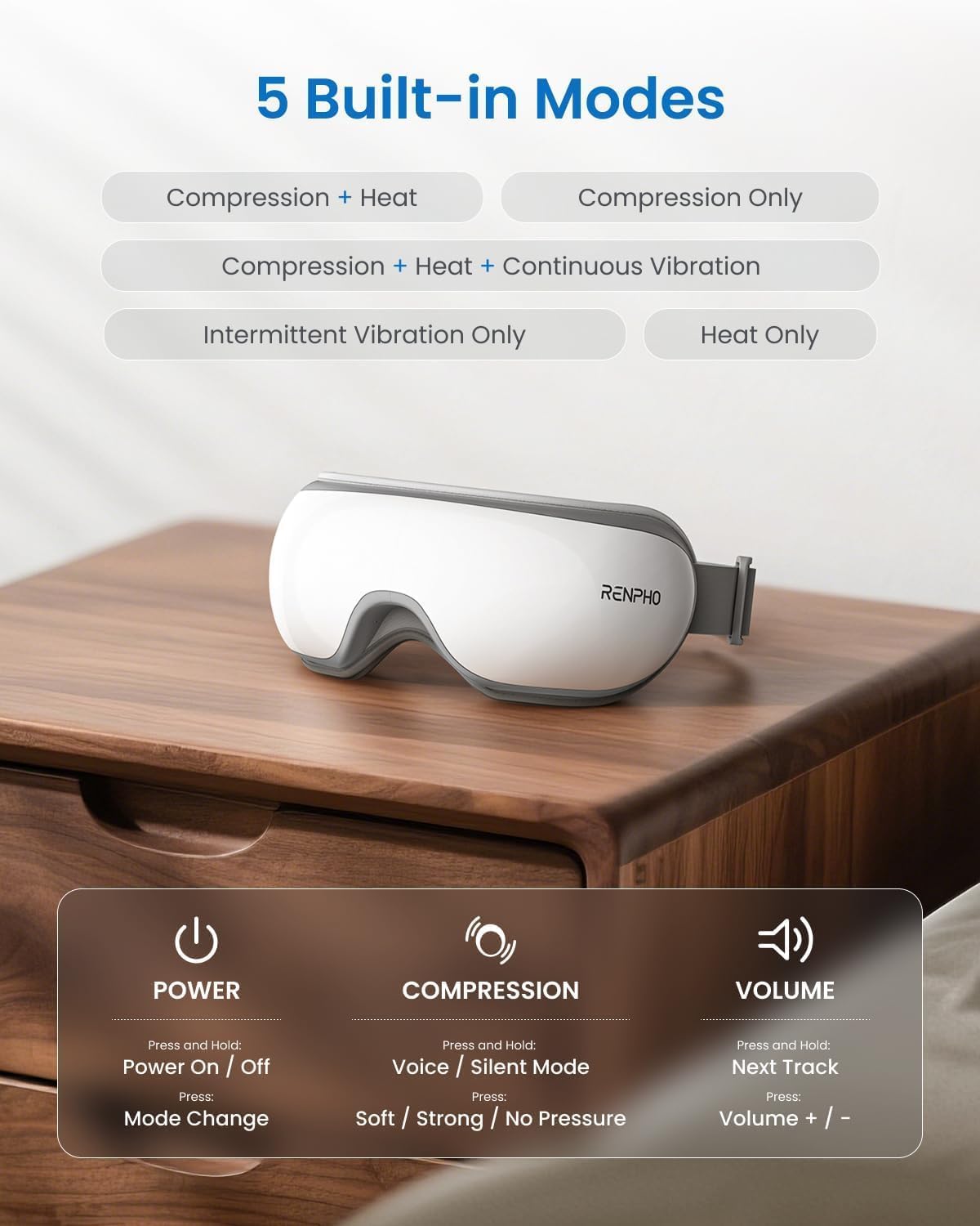RENPHO - Masajeador de ojos con calor, masajeador de calor recargable con música Bluetooth para relajar y reducir la tensión de los ojos, ojeras y bolsas de los ojos, mejora el sueño, regalos familiares ideales (blanco)