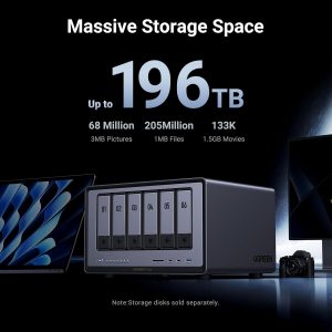 UGREEN NAS DXP6800 Plus 6-Bay Desktop NAS, Intel i3 1215u 6-Core CPU, 8GB DDR5 RAM, 128G SSD, 1x 10GbE and 1x 2.5GbE LAN Port, 2X M.2 NVMe Slots, 4K HDMI, Network Attached Storage (Diskless)