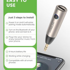 HVMLAK Adaptador auxiliar Bluetooth 5.3, receptor de audio inalámbrico para altavoz estéreo de coche y hogar, transmisión de música, llamadas manos libres, reproducción de 6 horas, 1 unidad