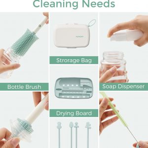 Momcozy Bottle Brush Set - Baby Bottle Cleaner Kit with Silicone Brush, Nipple Brush, Straw Brush, Soap Dispenser, Drying Rack - 7 in 1 Bottle Cleaning Tool for Home and Travel, Green
