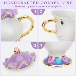 LEEPENK Cartoon Mrs Potts Teapot Beauty and Beast Teapot & Mug Chip Tea Set Cute Tea Cup Ideal Gifts for Girl and Home Decorationl