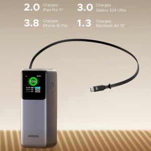 UGREEN Nexode Power Bank 20000mAh 165W with Built-in USB C Cable Laptop Travel Portable Charger, 100W Input, Fast Charging for MacBook Pro/Air/iPhone 17/16/iPad Pro/Galaxy S25 Ultra/Dell/HP and More