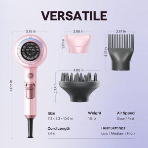 Wavytalk - Secador de pelo iónico con difusor y peine para cabello rizado; ligero y silencioso; de secado rápido,1875 W, con tecnología cerámica, 3 accesorios; para todo tipo de cabello, color rosa