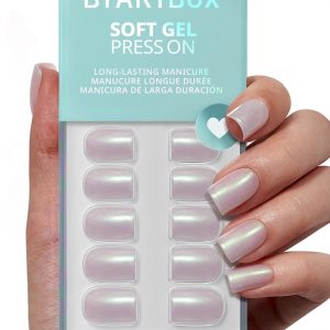 BTArtbox Press On Nails Short - Pearlescent Glitter Square Press On Nails with Glue for Women, Opaque Soft Gel Glue On Nails in 16 Sizes - 32 Stick On Nails Kit, Screaming Silver