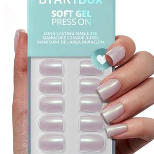 BTArtbox Press On Nails Short - Pearlescent Glitter Square Press On Nails with Glue for Women, Opaque Soft Gel Glue On Nails in 16 Sizes - 32 Stick On Nails Kit, Screaming Silver