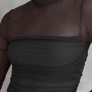 REORIA Body sexy de manga larga con cuello alto falso para mujer, de malla transparente, fruncido, para salir
