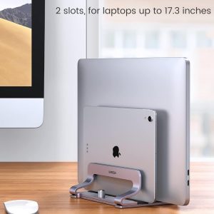 UGREEN - Soporte vertical para laptop de 2 ranuras para escritorio, compatible con MacBook Pro Air, Lenovo Ideapad, Surface Book, HP Notebook, Dell Chromebook de hasta 17,3 pulgadas, gris espacial