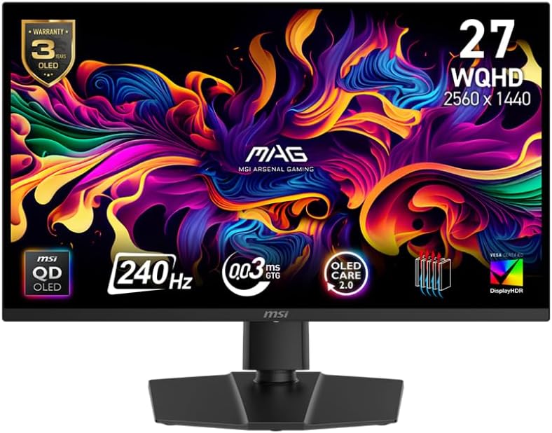 msi MAG 271QP QD-OLED X24 27-inch 2560 x 1440 (QHD) Gaming Monitor, 240Hz, Adaptive-Sync, HDMI, DisplayPort, VESA Mountable, Tilt, Height Adjustable, Speaker, 0.03ms, Black