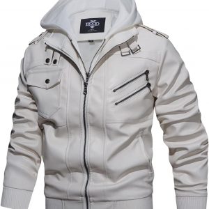 HOOD CREW Men’s Casual Stand Collar PU Faux Leather Zip-Up Motorcycle Bomber Jacket With a Removable Hood
