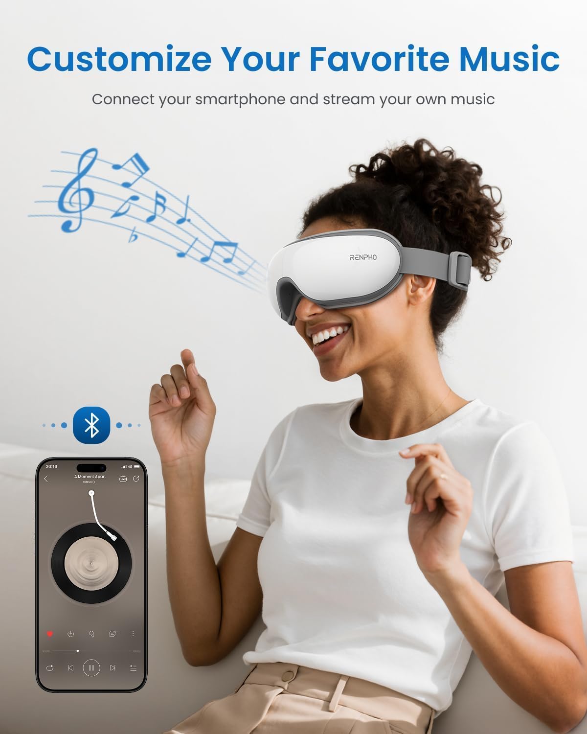 RENPHO - Masajeador de ojos con calor, masajeador de calor recargable con música Bluetooth para relajar y reducir la tensión de los ojos, ojeras y bolsas de los ojos, mejora el sueño, regalos familiares ideales (blanco)