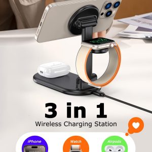 Cargador inalámbrico magnético Mag-Safe 3 en 1, estación de carga inalámbrica plegable de 15 W máximo para iPhone 17/16/15/14/13/12, cargador de viaje rápido para múltiples dispositivos, iWatch