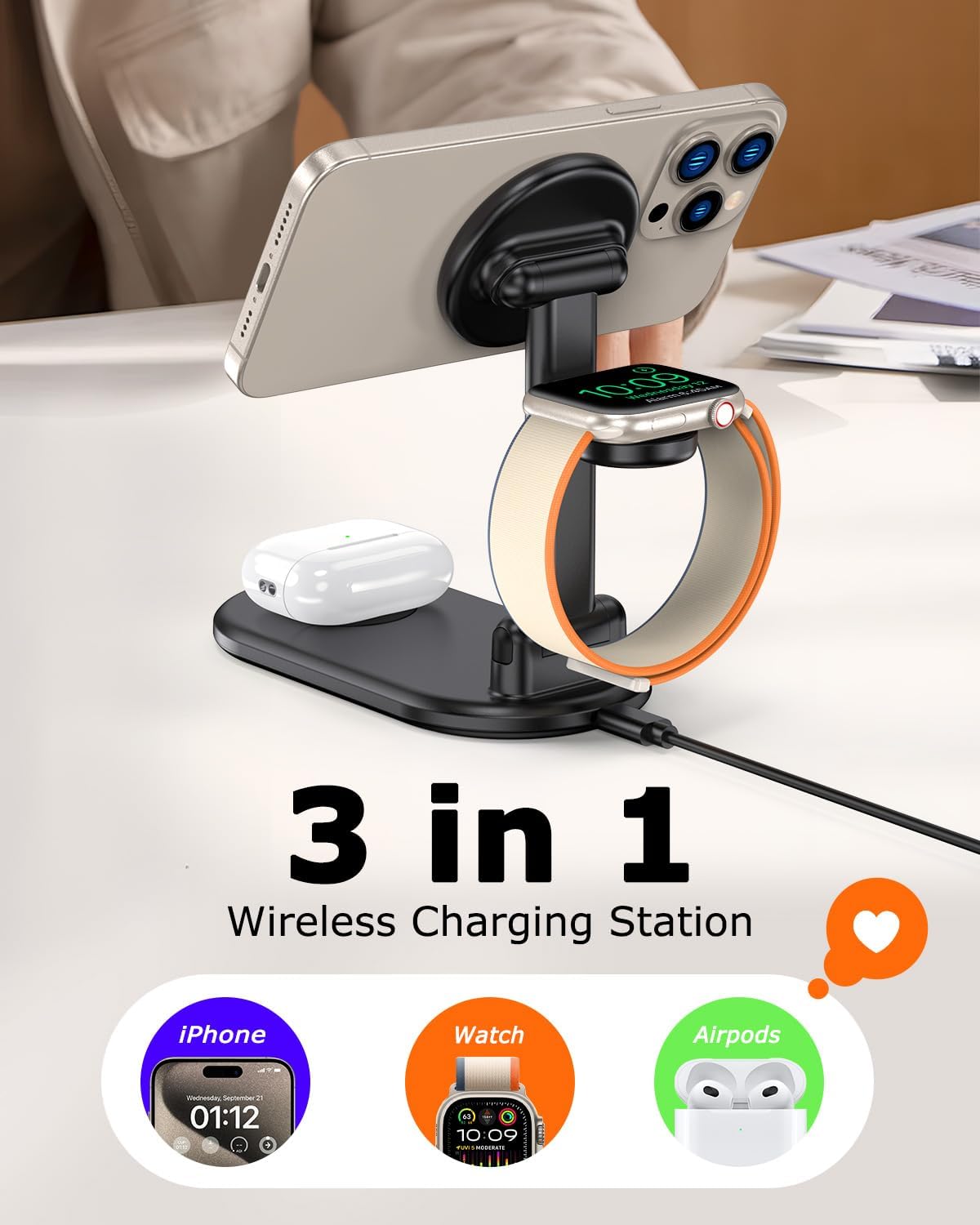 Cargador inalámbrico magnético Mag-Safe 3 en 1, estación de carga inalámbrica plegable de 15 W máximo para iPhone 17/16/15/14/13/12, cargador de viaje rápido para múltiples dispositivos, iWatch