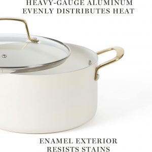 Martha Stewart Lockton Premium Non stick Non Toxic PFA Free Ceramic Interior 10 Piece Heavy Gauge Enamel Aluminum Pots and Pans Cookware Set - Linen White w/Gold Handle
