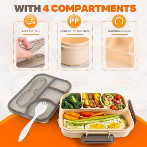 EASYFUN Bento Box Adult, Lunch Box, 4-Compartment Lunch Containers, Drop-Proof, Dishwasher Safe & Made with BPA-Free Materials(Khaki)