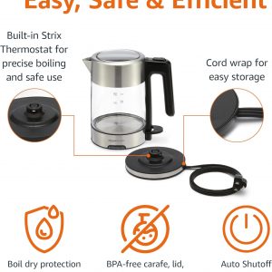 Amazon Basics Electric Kettle with Glass Carafe for Tea and Coffee, BPA-Free, Fast Boiling, Auto Shut-Off, 1.7 Liter, 1500W, Black and Silver